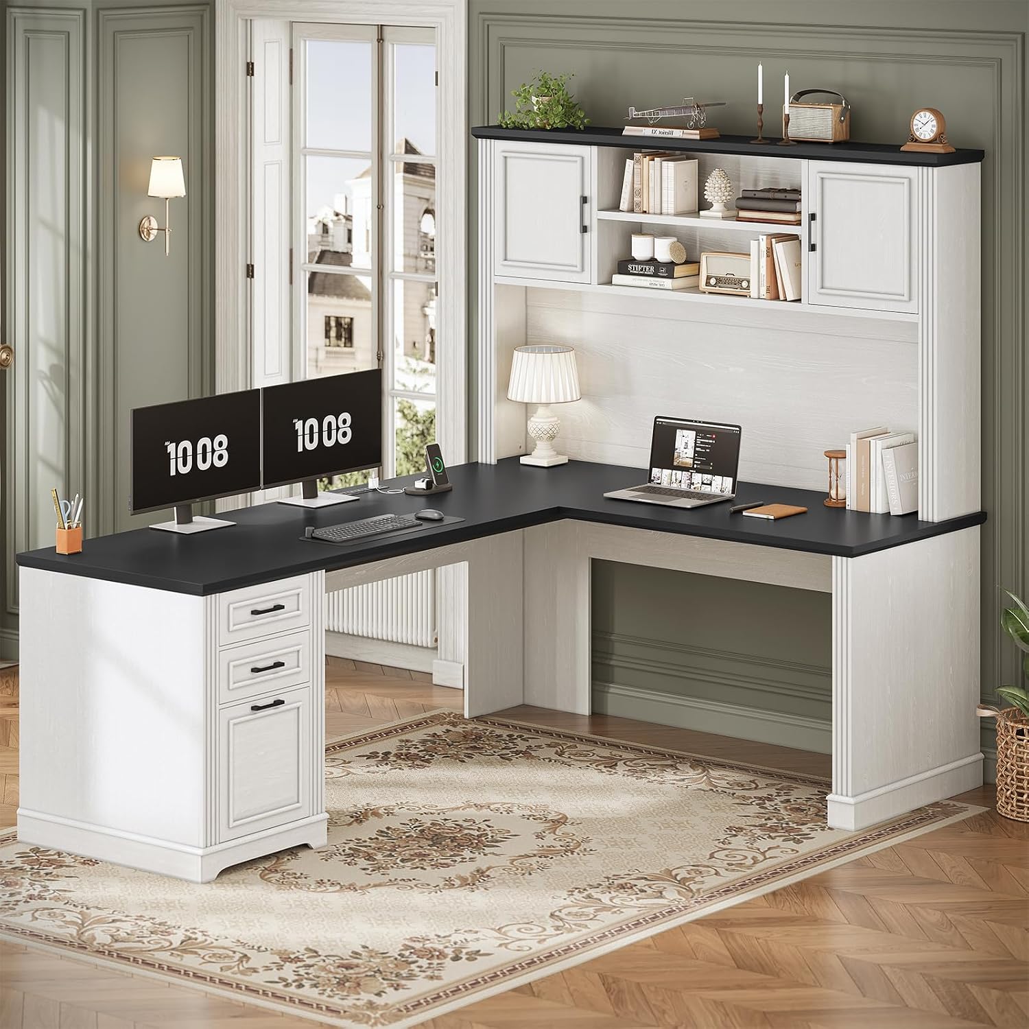 Home Office L Shaped Desk - Bureau en L avec huche et